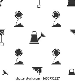 Set Shovel in the ground, Watering can and Sunflower on seamless pattern. Vector