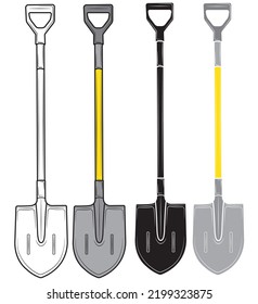 Set von Schaufel mit Griff einzeln auf weißem Hintergrund. Werkzeug für Reparatur und Gartenbau. Vektorgrafik