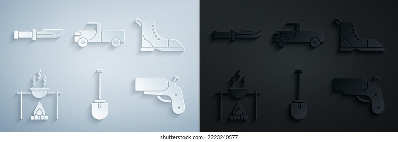 Set Shovel, Hiking Boot, Campfire And Pot, Flare Gun Pistol, Pickup Truck And Camping Knife Icon. Vector