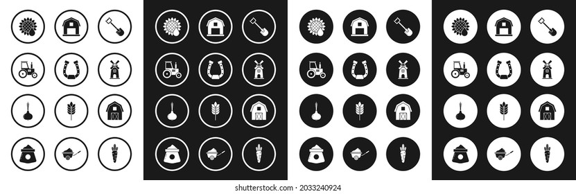 Set Shovel, Horseshoe, Tractor, Sunflower, Windmill, Farm House concept,  and Onion icon. Vector
