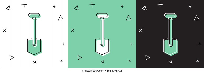 Ajuste el icono de la pala aislado en fondo blanco y verde y negro. Herramienta de jardinería. Herramienta para horticultura, agricultura, agricultura. Ilustración vectorial