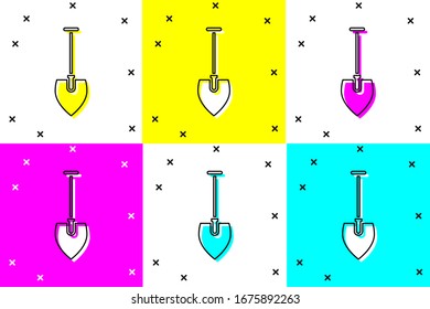 Establecer icono de pala aislado en fondo de color. Herramienta de jardinería. Herramienta para horticultura, agricultura, agricultura.  Ilustración vectorial