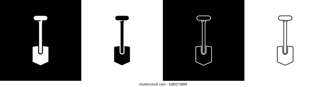 Set Shovel icon isolated on black and white background. Gardening tool. Tool for horticulture, agriculture, farming.  Vector Illustration