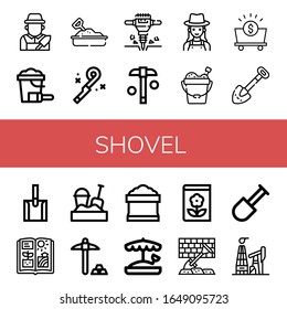 Set of shovel icons. Such as Gardener, Sand bucket, Sandbox, Blower, Jackhammer, Mining, Mine, Shovel, Agriculture, Potting soil, Gardening, Oil mining , shovel icons