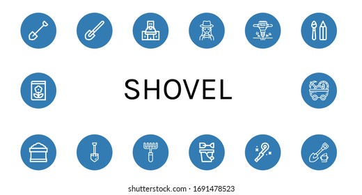 Set of shovel icons. Such as Shovel, Under construction, Gardener, Jackhammer, Paint tools, Potting soil, Rake, Sand bucket, Blower, Gardening, Mine cart , shovel icons