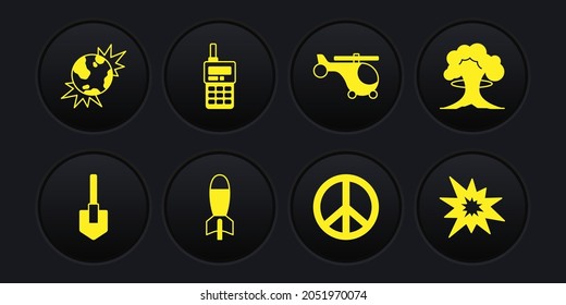 Set Shovel, Explosión nuclear, lanzador de cohetes, Peace, Helicóptero, Walkie talkie, Bomba y planeta explosivo icono de la Tierra. Vector