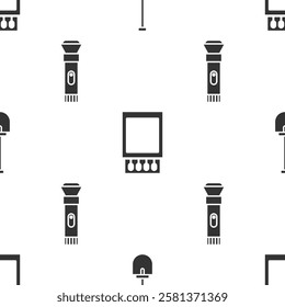 Set Shovel, Open matchbox and matches and Flashlight on seamless pattern. Vector