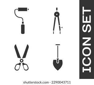 Set Shovel, Paint roller brush, Scissors and Drawing compass icon. Vector