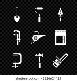 Set Shovel, Paint roller brush, Trowel, Clamp and screw tool, Claw hammer, Chainsaw,  and Leaf garden blower icon. Vector