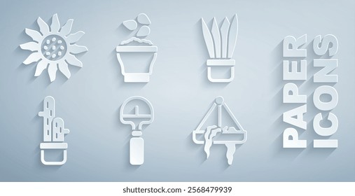 Set Shovel, Plant in pot, Cactus peyote, hanging, Seeds bowl and Flower icon. Vector