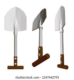 Set with a shovel. Polygonal shovel in different positions. Vector illustration.
