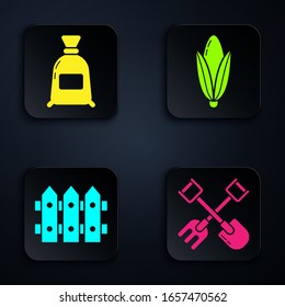Set Shovel and rake, Bag of flour, Garden fence wooden and Corn. Black square button. Vector