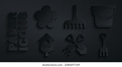 Set Shovel and rake, Bucket, Bird house, Garden,  and Flower icon. Vector