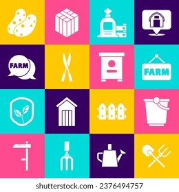 Set Shovel and rake, Bucket, Signboard with text Farm, Full sack wooden box, Gardening handmade scissors, Speech bubble, Potato and Hive for bees icon. Vector