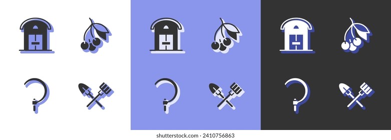 Set Shovel and rake, Farm house, Sickle and Fresh berries icon. Vector