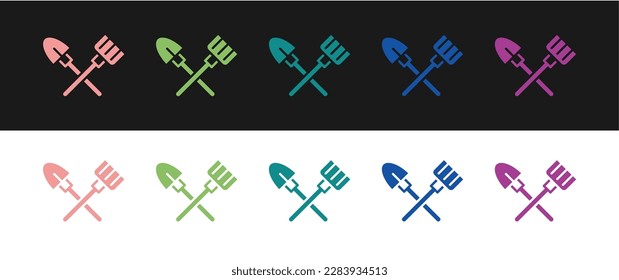 Ajuste el icono de pala y rastrillo aislado en fondo blanco y negro. Herramienta para horticultura, agricultura, jardinería, agricultura. Cultivo terrestre.  Vector