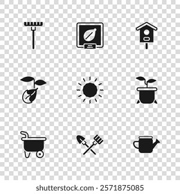 Set Shovel and rake, Plant in pot, Watering can, Sun, Bird house, Garden, Seeds of specific plant and Sprout icon. Vector