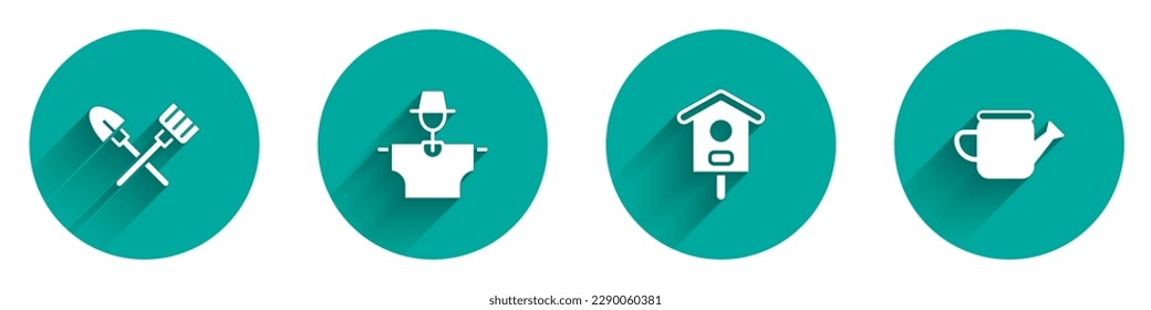 Set Shovel and rake, Scarecrow, Bird house and Watering can icon with long shadow. Vector