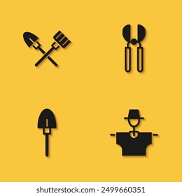 Set Shovel and rake, Scarecrow,  and Gardening scissors icon with long shadow. Vector