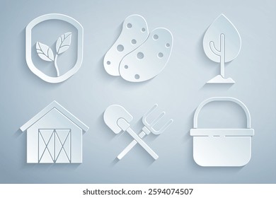 Set Shovel and rake, Tree, Farm house, Basket, Potato and Shield with leaf icon. Vector