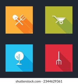 Set Shovel and rake, Wheelbarrow, Tree and Garden pitchfork icon. Vector