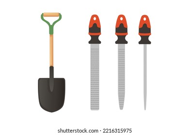 Set of shovel and rasp with handle vector illustration isolated on white background