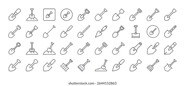 Conjunto de ícones de linha relacionados à pá. Outline Signs para Gráficos e Web Design, Apps, Anúncios, Vários Cartões 