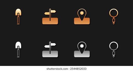 Set Shovel, Road traffic sign, Location for camping and Magnifying glass icon. Vector