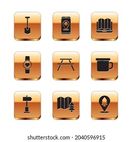 Set Shovel, Road traffic signpost, Location of the forest, Picnic table with benches, Smart watch showing heart beat rate, laptop,  and City map navigation icon. Vector