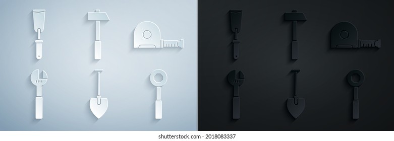 Set Shovel, Roulette construction, Adjustable wrench, Wrench spanner, Hammer and Putty knife icon. Vector