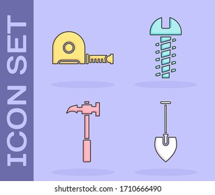 Set Shovel, Roulette construction, Claw hammer and Metallic screw icon. Vector