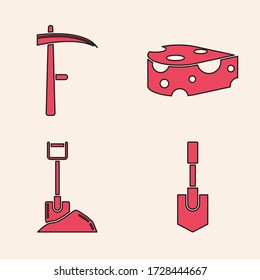 Set Shovel, Scythe, Cheese and Shovel in the ground icon. Vector