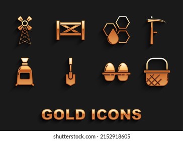 Set Shovel, Scythe, Shopping basket, Chicken egg box, Bag of flour, Honeycomb, Windmill and Garden fence wooden icon. Vector