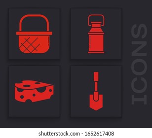 Set Shovel, Shopping basket, Can container for milk and Cheese icon. Vector