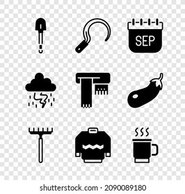 Set Shovel, Sickle, September calendar autumn, Garden rake, Sweater, Cup of tea, Storm and Winter scarf icon. Vector