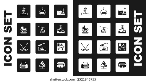 Set Shovel in snowdrift, Cable car, Skates, Road traffic signpost, Award winner podium, Ski lift, Folded map and Ice hockey sticks icon. Vector