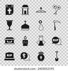 Set Shovel, Speech bubble rip death, Scythe, Holy bible book, Church tower, Christian chalice, Calendar and Flower in vase icon. Vector