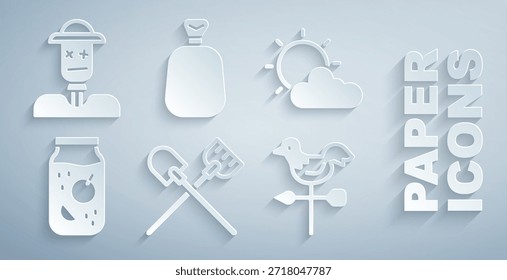 Set Pala, Clima de sol y nube, tarro de mermelada, paleta de gallo, saco completo e icono de espantapájaros. Vector
