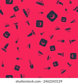 Set Shovel, Swiss army knife, Campfire and Moon and stars on seamless pattern. Vector