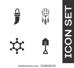 Set Shovel, Tooth, Hexagram sheriff and Dream catcher with feathers icon. Vector