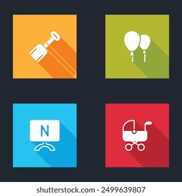 Set Shovel toy, Balloons, Smart Tv and Baby stroller icon. Vector