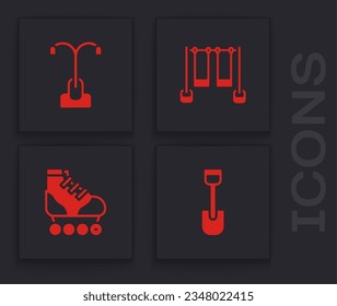 Set Shovel toy, Street light, Double swing and Roller skate icon. Vector