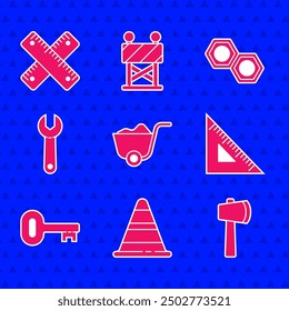 Set Shovel, Traffic cone, Wooden axe, Triangular ruler, Old key, Wrench spanner, Hexagonal metal nut and Crossed icon. Vector