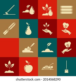 Set Shovel, Tree in hand of environmental protection, Watering plant, Pear, Gardening handmade scissors for trimming, rake work and Plant icon. Vector