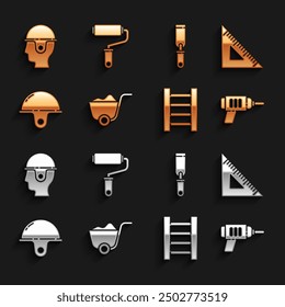 Set Schaufel, Dreieckslineal, Elektrische Bohrmaschine, Holztreppe, Arbeiterschutzhelm, Raspelmetallfeile und Farbrollenpinsel-Symbol. Vektorgrafik