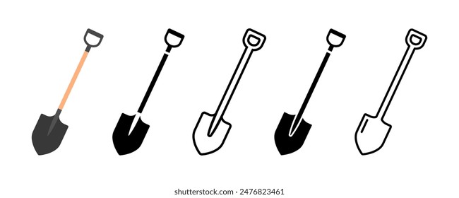 Set of shovel vector icons. Spade for dig. Farming tool. Garden instrument.