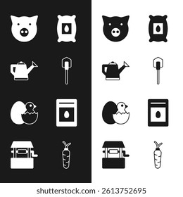 Set Shovel, Watering can, Pig, Pack full of seeds of plant, Little chick cracked egg, Carrot and Well icon. Vector