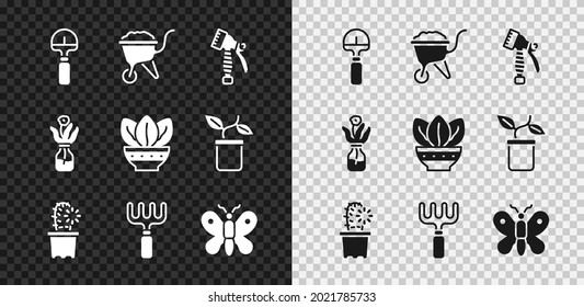Set Shovel, Wheelbarrow with dirt, Water spray bottle, Cactus peyote in pot, Garden rake, Butterfly, Flower glass and Plant icon. Vector