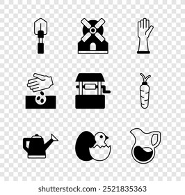 Set Shovel, Windmill, Rubber gloves, Watering can, Little chick cracked egg, Jug glass with milk, Seeds and Well icon. Vector