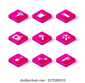 Set Shovel, Wrench spanner, Paint bucket and brush, Hammer, Calliper or caliper scale, wrench, Hand saw and Bucket icon. Vector